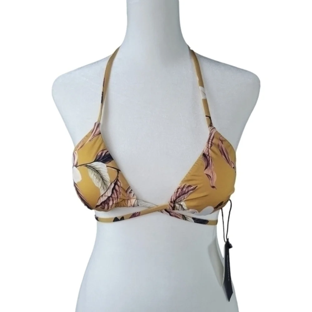 BCBG‎ MAXAZRIA Bikini Bra Top Size 2 Gold Strappy Halter Tri Tie Floral Swimsuit